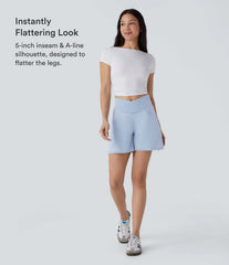 Halara Flex™ Crossover High Waisted Pockets Wide Leg A Line Washed Denim Casual Shorts