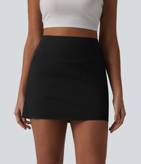 High Waisted 2-in-1 A-line Mini Stretchy Poplin Casual Skirt with Pockets