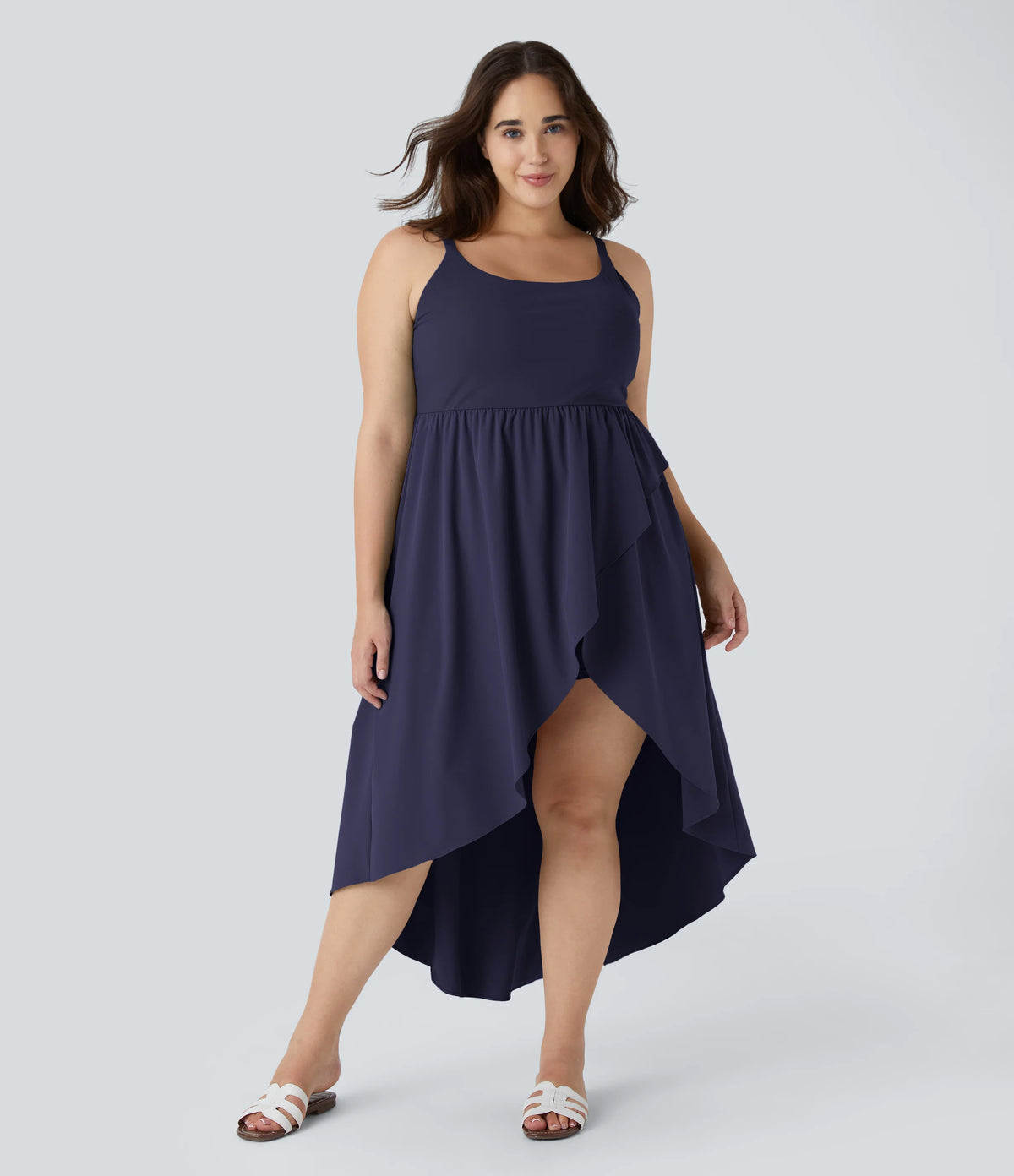 Breezeful™ Asymmetric Crossover Hem 2-Piece Pocket Flowy Midi Quick Dry Casual Plus Size Dress