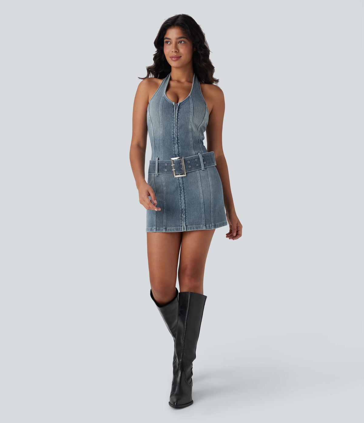 Halara Flex™ Halter Zipper Belted Bodycon Mini Washed Denim Casual Dress