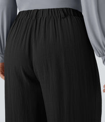 High Waisted Pocket Wide Leg Flowy Casual Linen-Feel Plus Size Pants