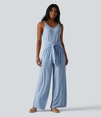 V Neck Sleeveless Tie Front Wide Leg Casual Jumpsuit with Pockets-Easy Peezy Edition