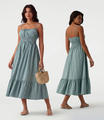 Tie Front Flowy Midi Casual Linen-Feel Slip Dress