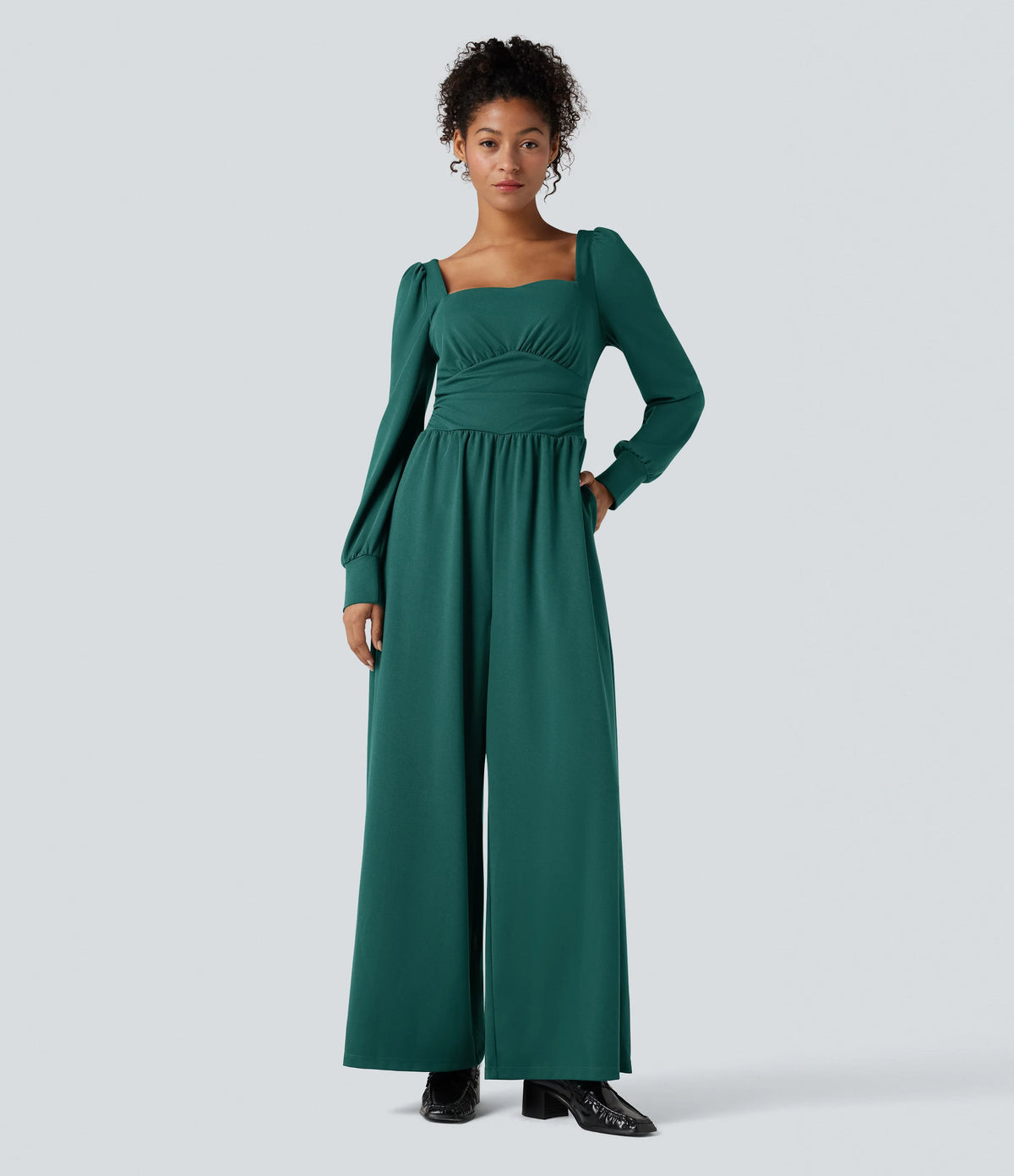 Square Neck Long Sleeve Work Jumpsuit with Pockets-Easy Peezy Edition