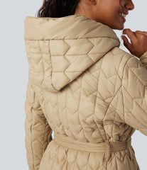 Hooded Belted Longline Casual Quilted Jacket with Pockets