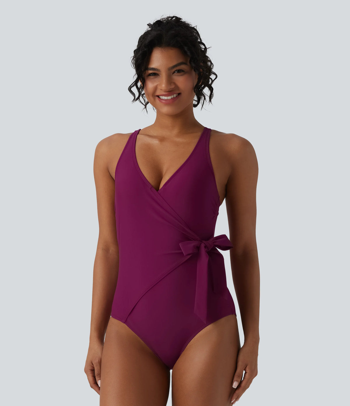 V Neck Tie Side Built-in Bra Tummy Control One Piece Swimsuit