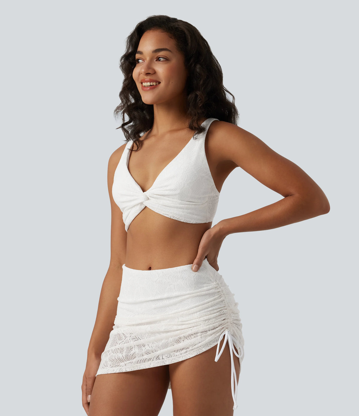 Deep V-neck Twisted Adjustable Straps Tummy Control Drawstring 2-in-1 Lace Overlay Bikini Set