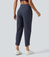 High Waisted Inner Drawstring Cropped Curved Hem InstantCool Quick Dry Running Pants with Pockets-UPF50+