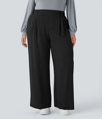 High Waisted Pocket Wide Leg Flowy Casual Linen-Feel Plus Size Pants