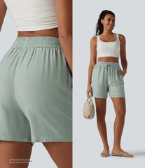 High Waisted Drawstring Casual Linen-Blend Baggy Shorts 5'' with Pockets