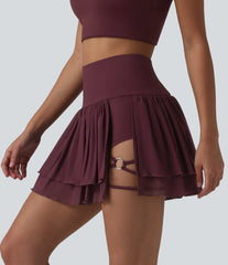 High Waisted 2-in-1 Asymmetric Hem Mini Breathable Mesh Dance Tiered Skirt with Pockets