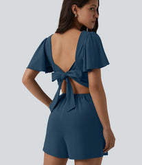 SoftlyZero™ Airy Flounce Short Sleeve Tie Back InstantCool Casual Romper with Pockets-Easy Peezy Edition