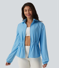 Durable Water Repellent Removable Hood Drawstring Workout Jacket with Zip Pockets