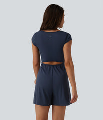 SoftlyZero™ Airy Short Sleeve Wide Leg InstantCool Yoga Romper with Pockets-Easy Peezy Edition
