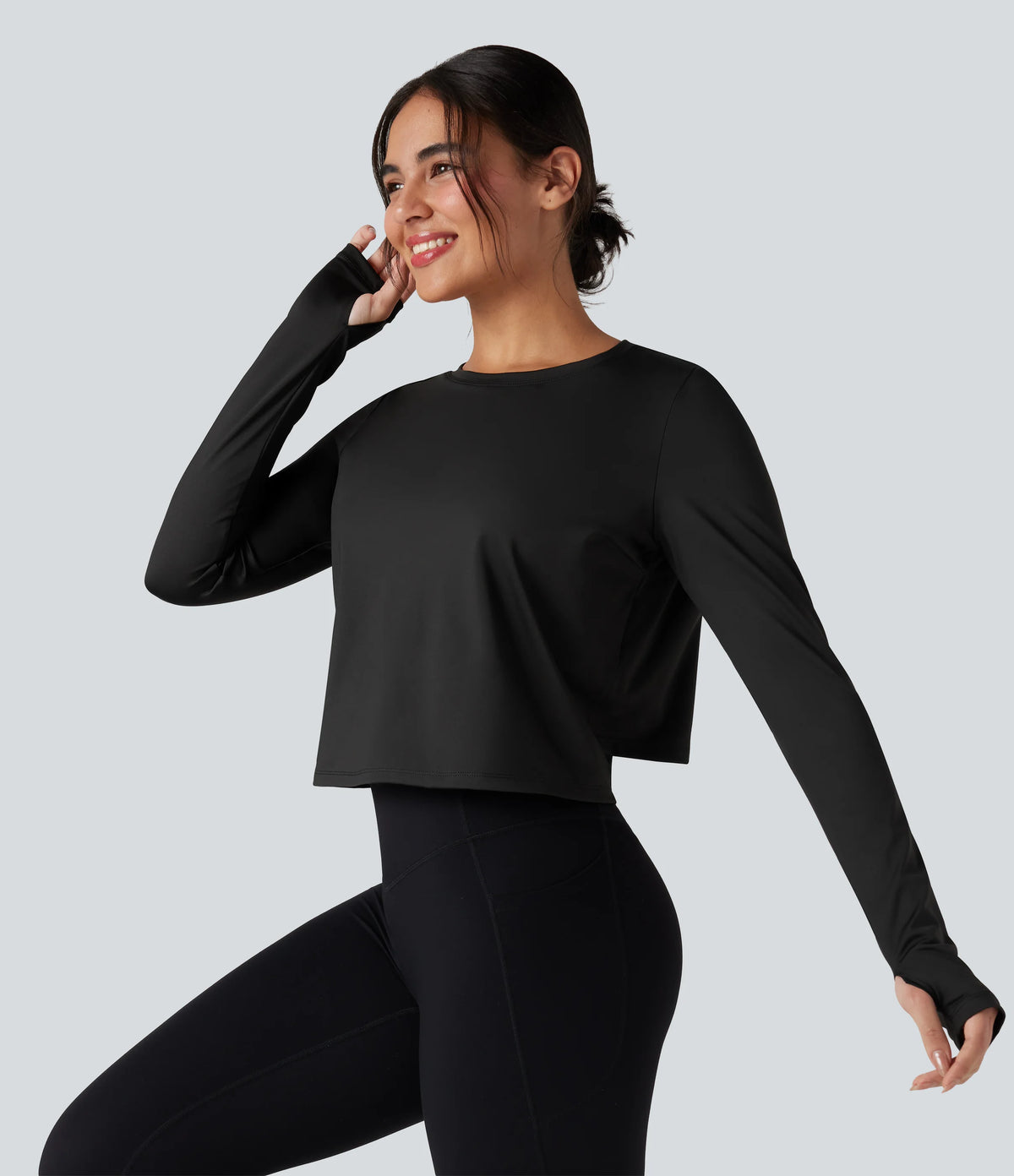Round Neck Long Sleeve Thumb Hole Contrast Mesh Cut Out Tie Back Yoga Sports Top
