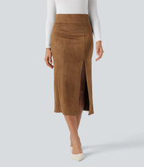 High Waisted Bodycon Suede Midi Casual Skirt