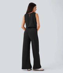Round Neck Sleeveless Keyhole Back Drawstring Pocket Casual Jumpsuit