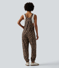 Adjustable Straps Leopard Print Waffle Casual Jogger Overalls with Pockets