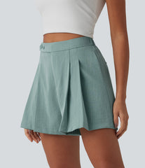 High Waisted Pleated Casual Linen-Feel Shorts 5'' with Pockets