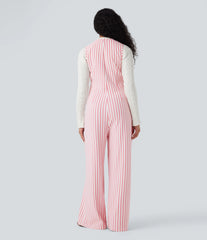 U-Neck Sleeveless Stripe Waffle Casual Jumpsuit with Pockets