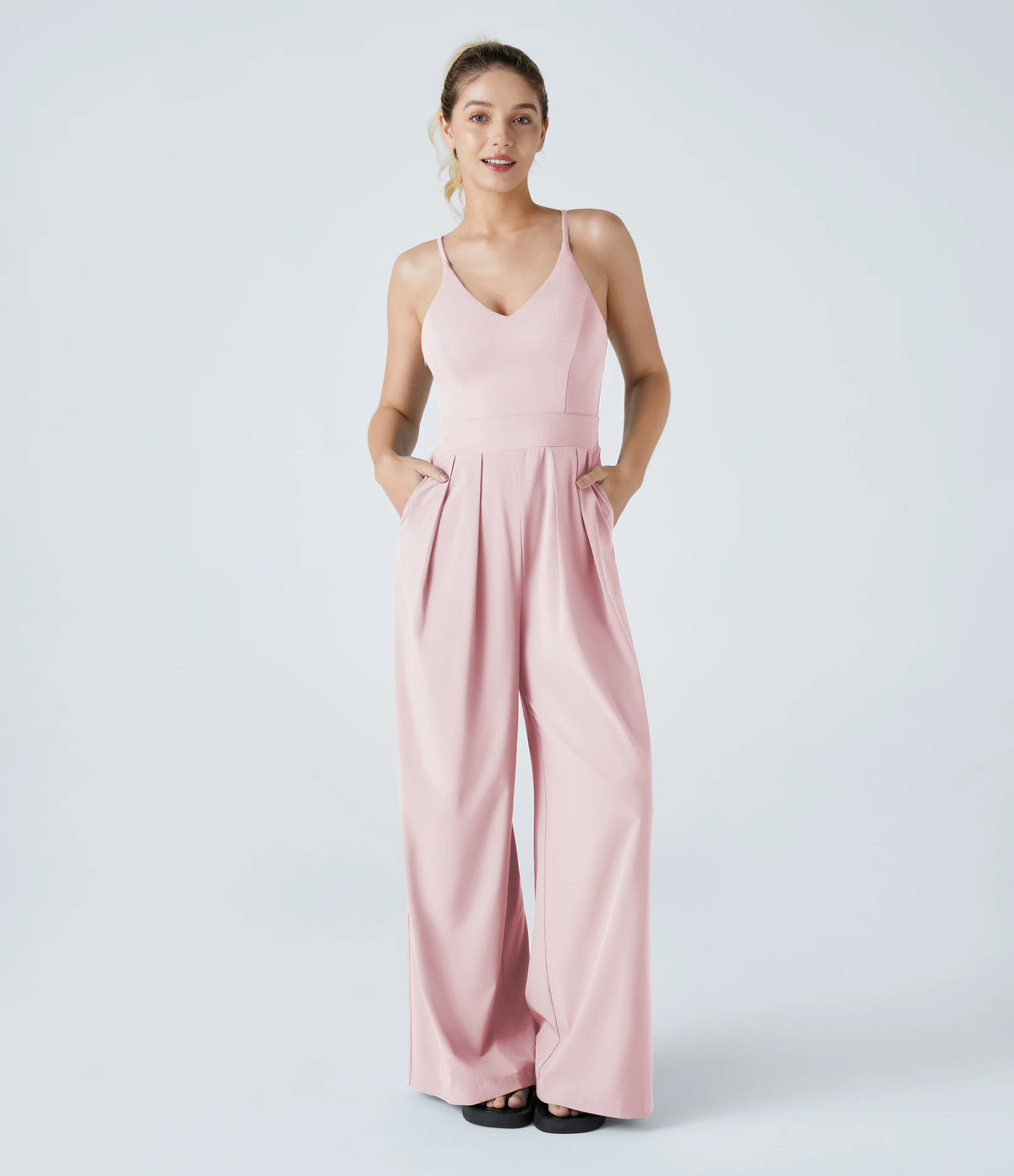 V-Neck Backless Invisible Zipper 2-in-1 Casual Slip Baggy Jumpsuit with Pockets
