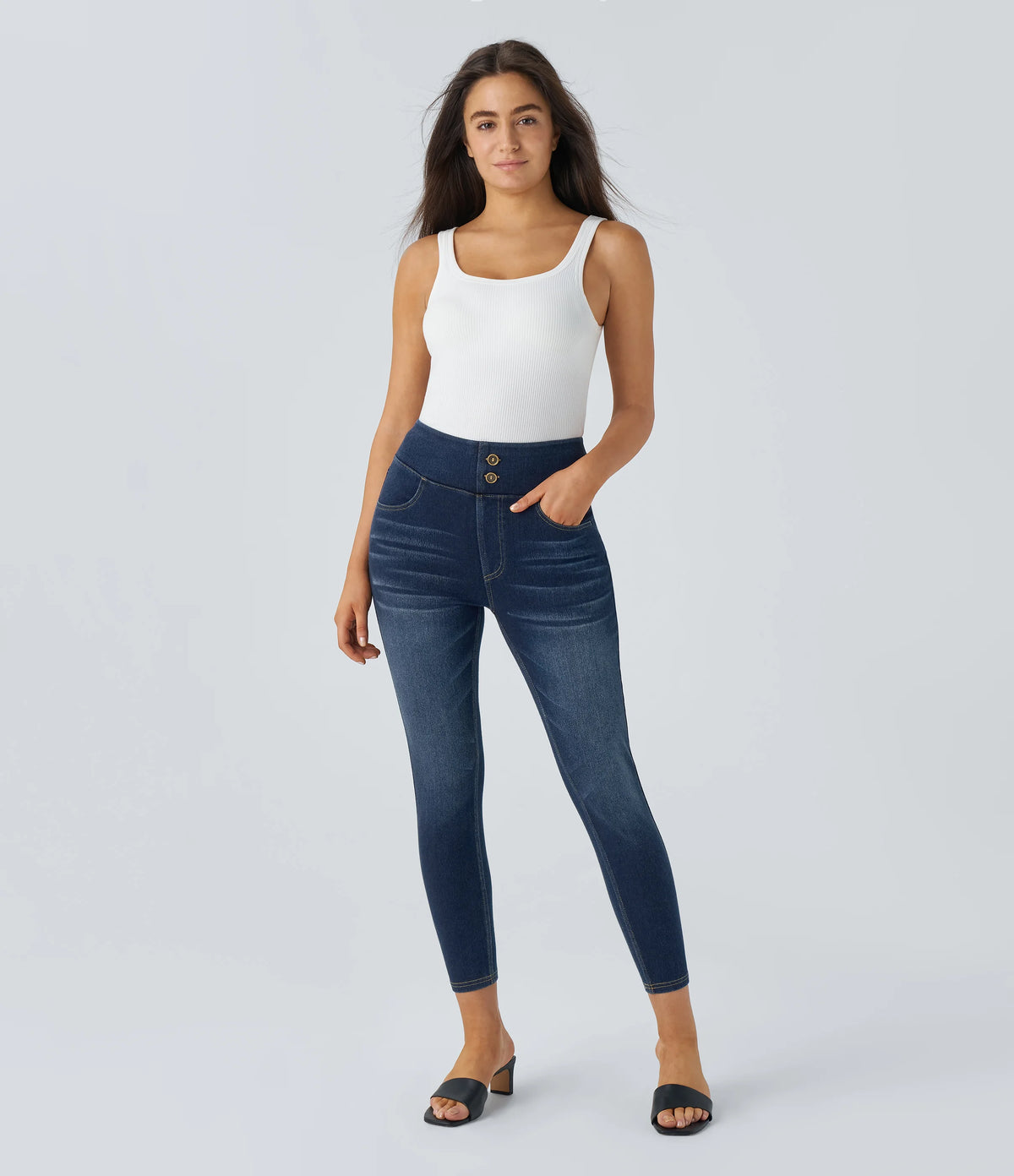 Halara Flex™ Curvy High Waisted Decorative Pockets Washed Casual 7/8 Jeans