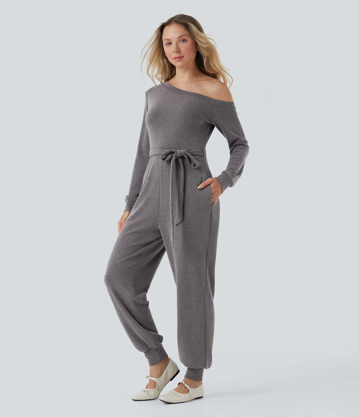 Off-Shoulder Long Sleeve Tie Casual Jumpsuit with Pockets