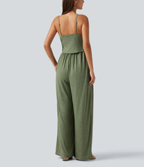 Built-In-Bra Ruched Wide Leg Heathered Casual Maternity Slip Jumpsuit with Pockets-Easy Peezy Edition