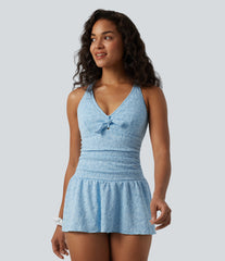 V-neck Tie-front Adjustable Straps Push-Up Tummy Control Ruched 2-in-1 Jacquard One-Piece Swimsuit