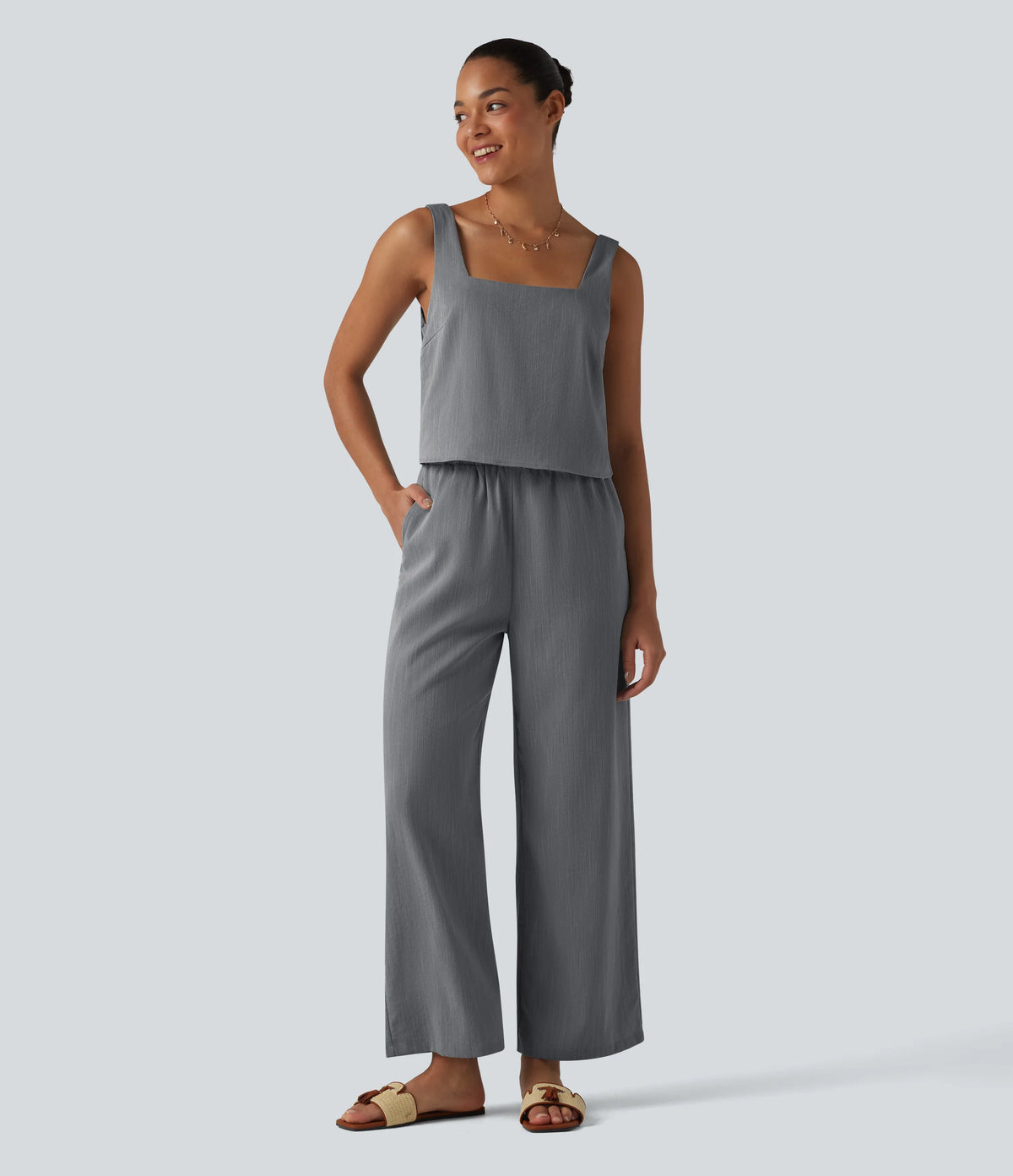 Square Neck Sleeveless Resort Linen-Feel Jumpsuit with Pockets-Easy Peezy