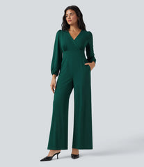 V Neck Long Sleeve Wide Leg Work Jumpsuit with Pockets-Easy Peezy Edition
