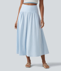 High Waisted Midi Stripes Crinkle Cotton Casual Flowy Skirt with Pockets