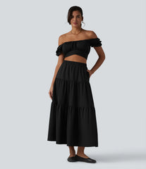 High Waisted A-Line Stretchy Poplin Midi Casual Skirt with Pockets