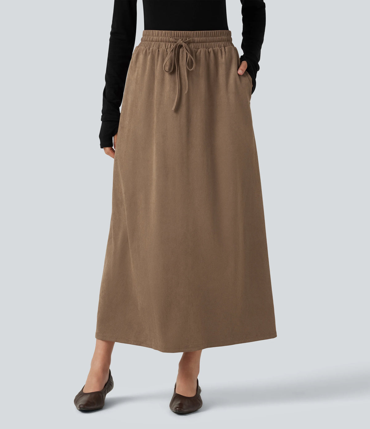 High Waisted Drawstring A Line Suede Midi Casual Skirt with Pockets