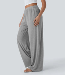 High Stretch Ribbed Low Rise Drawstring Wide Leg Flowy Casual Pants with Pockets