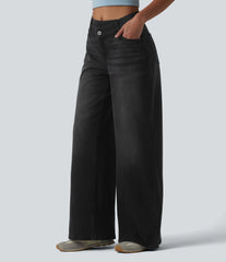 Halara Flex™ Asymmetric Mid Rise Wide Leg Casual Jeans with Pockets
