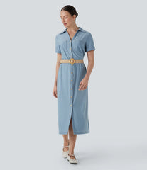 Halara Flex™ Short Sleeve Denim Midi Casual Dress with Pockets