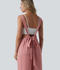 Tie Back Linen-Feel Overalls with Pockets