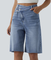 Halara Flex™ Asymmetric High Waisted Denim Casual Shorts with Pockets