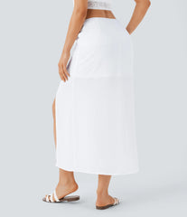 Mid Rise Drawstring Ruched 2-in-1 Midi Linen-Feel Skirt