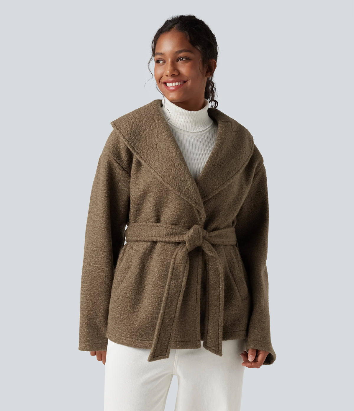 Lapel Belted Casual Coat with Pockets