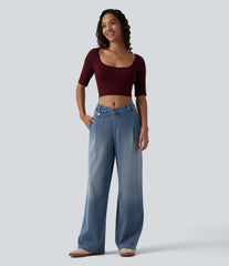 Halara Flex™ Asymmetric Mid Rise Straight Leg Casual Jeans with Pockets