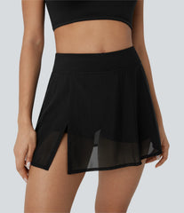 High Waisted 2-in-1 Pocket Contrast Mesh Mini Yoga Skirt