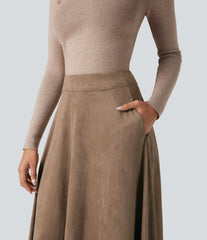 High Waisted Suede Midi Casual Flare Skirt with Pockets