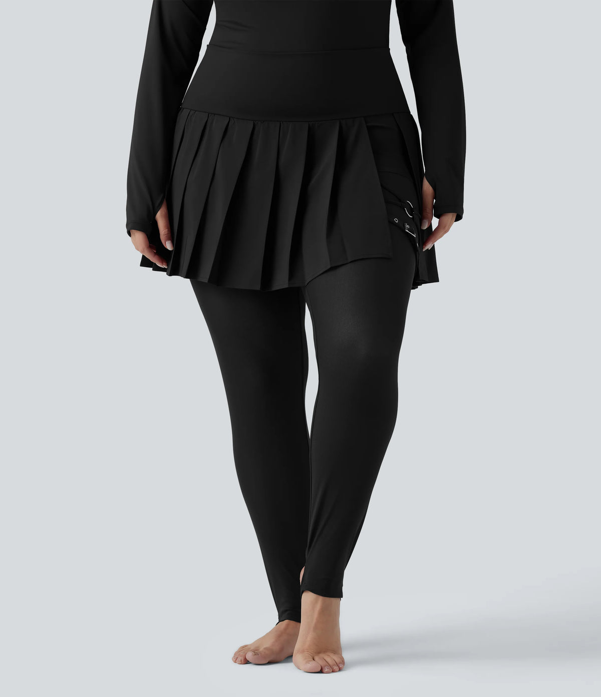 Breezeful™ High Waisted Pleated 2-in-1 Contrast Mesh Quick Dry Dance Plus Size Stirrup Skirted Leggings with Pockets