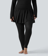 Breezeful™ High Waisted Pleated 2-in-1 Contrast Mesh Quick Dry Dance Plus Size Stirrup Skirted Leggings with Pockets
