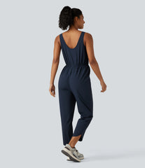V Neck Drawstring Curved Hem Hiking Jumpsuit with Pockets