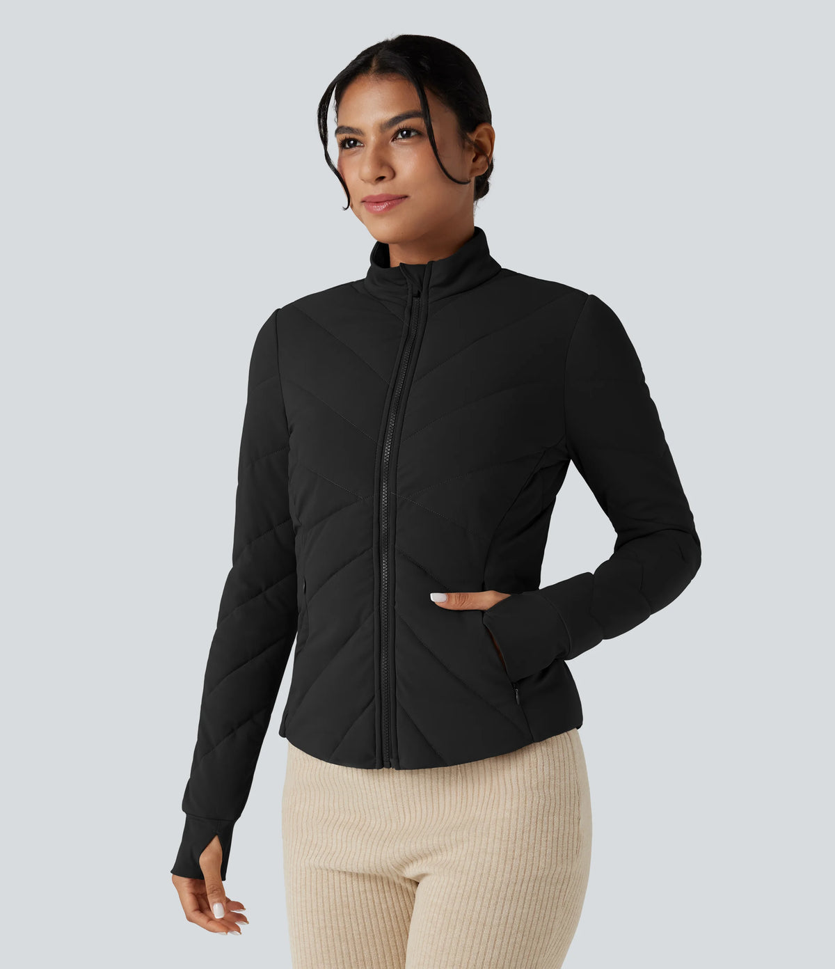 PuffFlex Stand Collar Long Sleeve Thumb Hole Casual Padded Jacket with Pockets