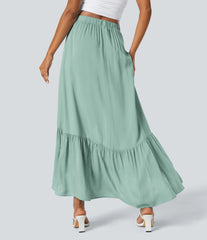 High Waisted High Low Ruffle Hem Flowy Maxi Skirt