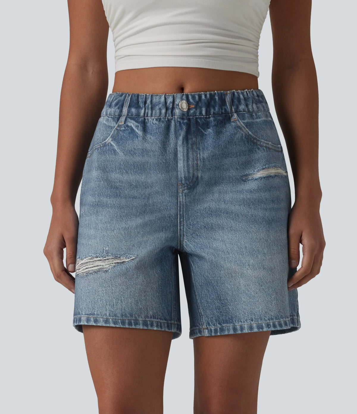 Mid Rise Denim Print French Terry Casual Sweat Shorts 5'' with Pockets